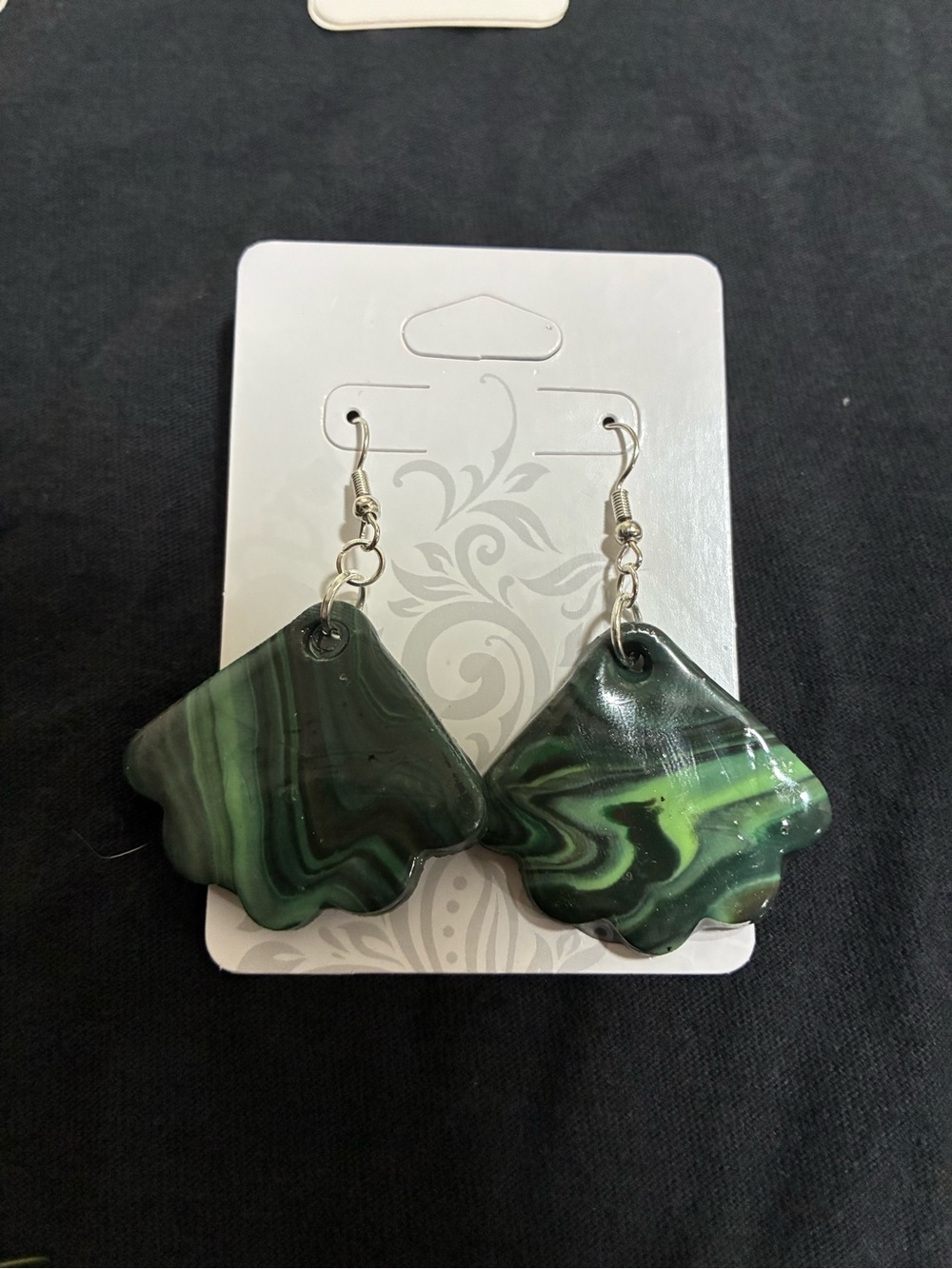 Green Swirl Drop Earrings - polymer clay